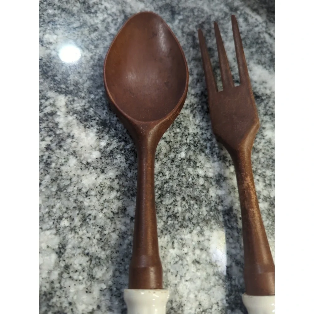 Vintage Delft Blue Ceramic & Wood Salad Set